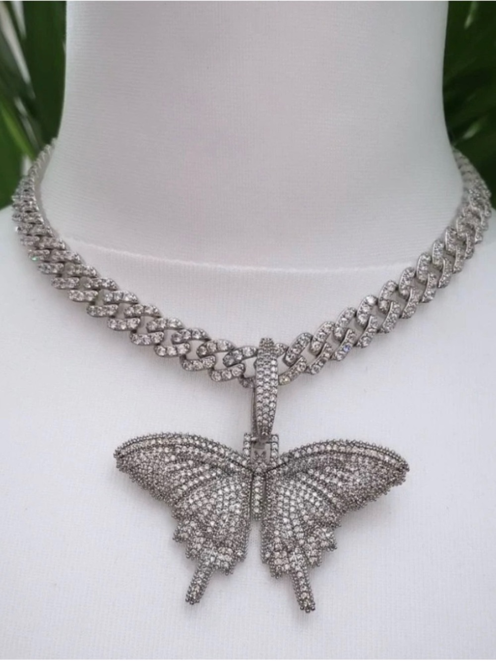 Silver Butterfly Cubic Zirconia Pendant Necklace with 9mm Cuban  chain 16inch